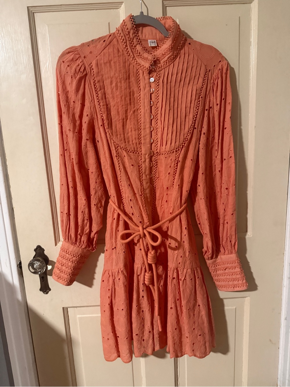 Women's Coral Eyelet Long-Sleeve Mini Dress with Tie Waist